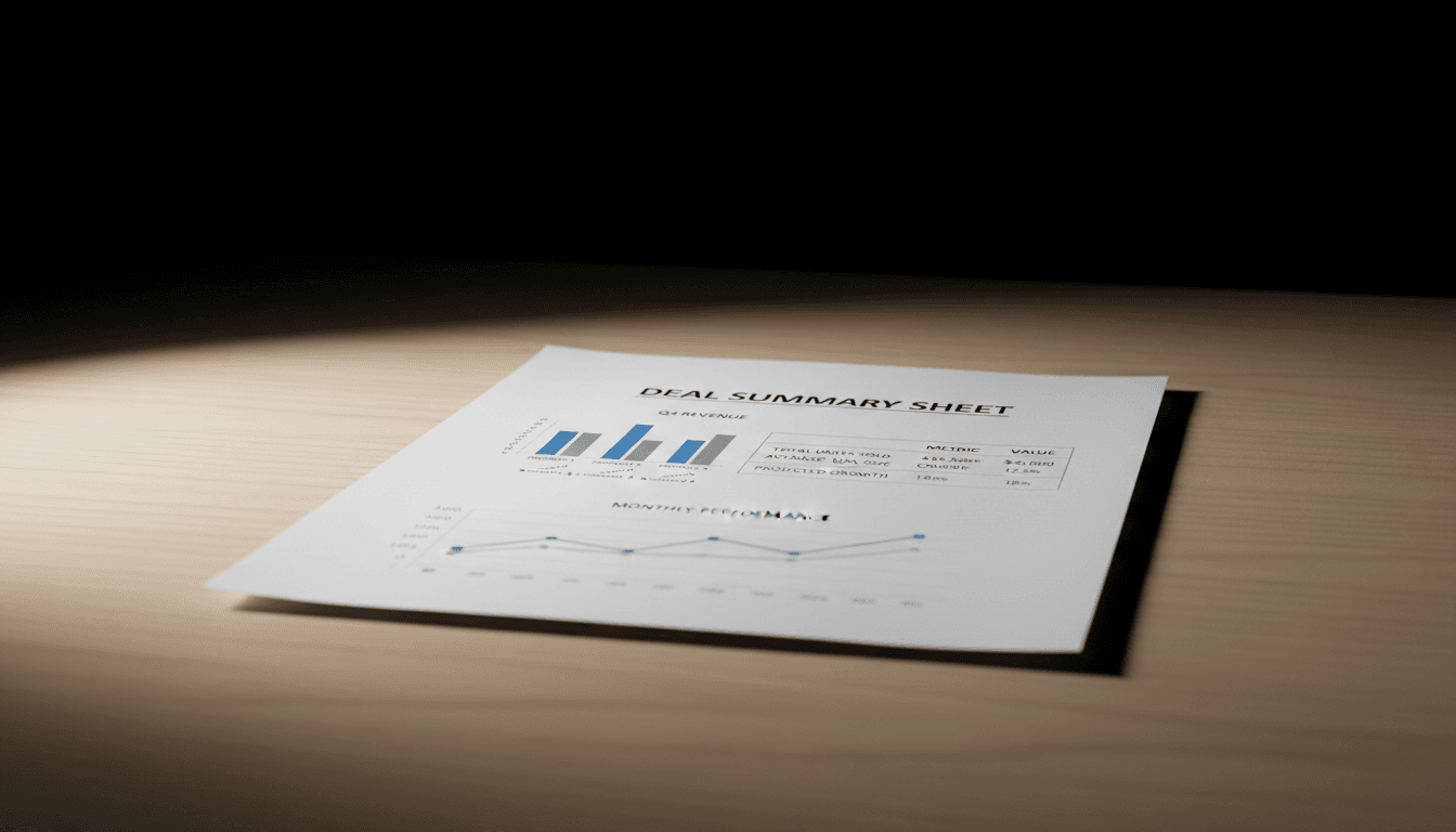 Close-up of a printed deal sheet on a wooden desk with direct flash lighting
