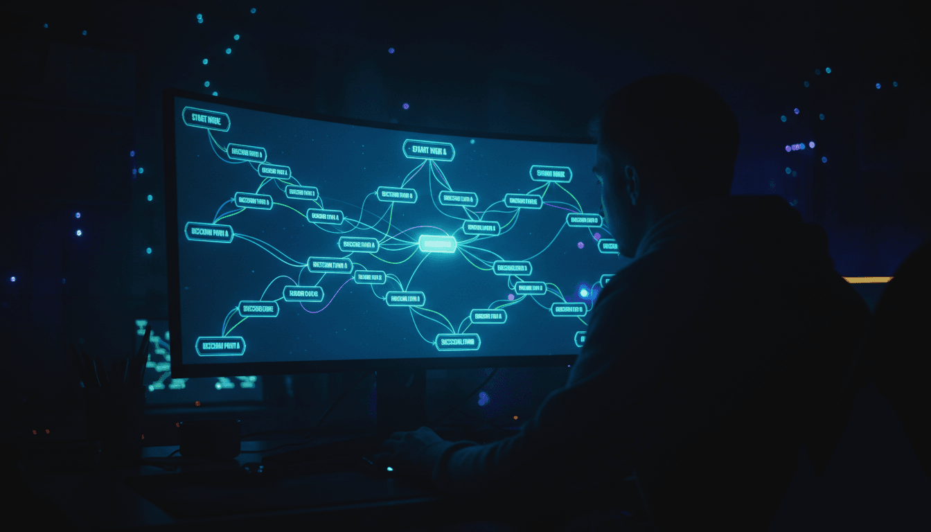 Person in a dim room studying a recovery scenario model on a large monitor