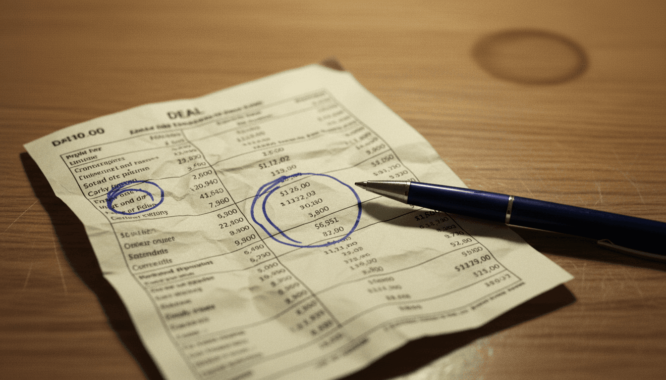 Printed deal sheet on a desk with handwritten notes and a pen