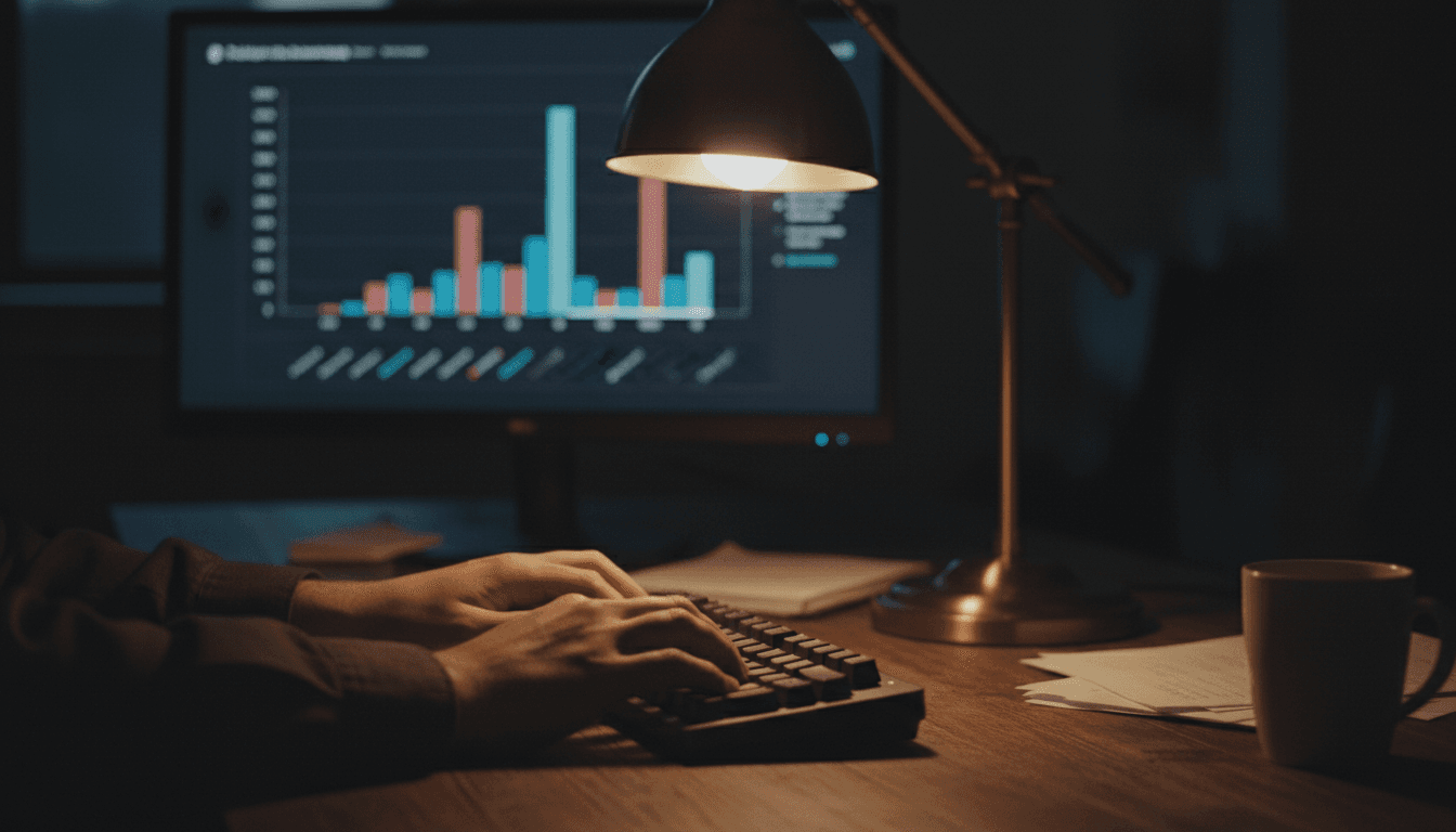Hands typing at a desk with a blurred screen showing a price range graph