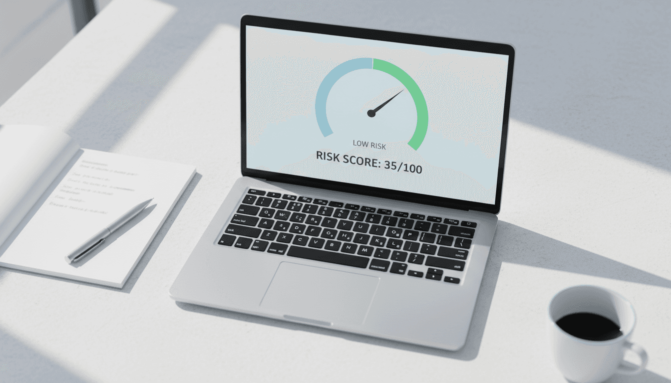 Risk score dashboard on a laptop in an overhead flat-lay composition
