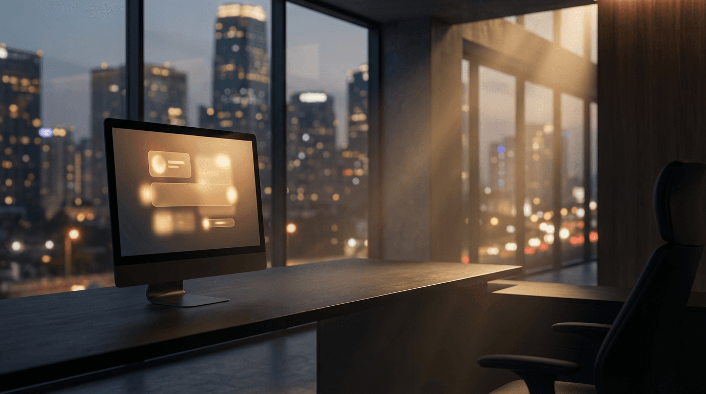 Laptop on a desk displaying data charts and score metrics in a dimly lit office