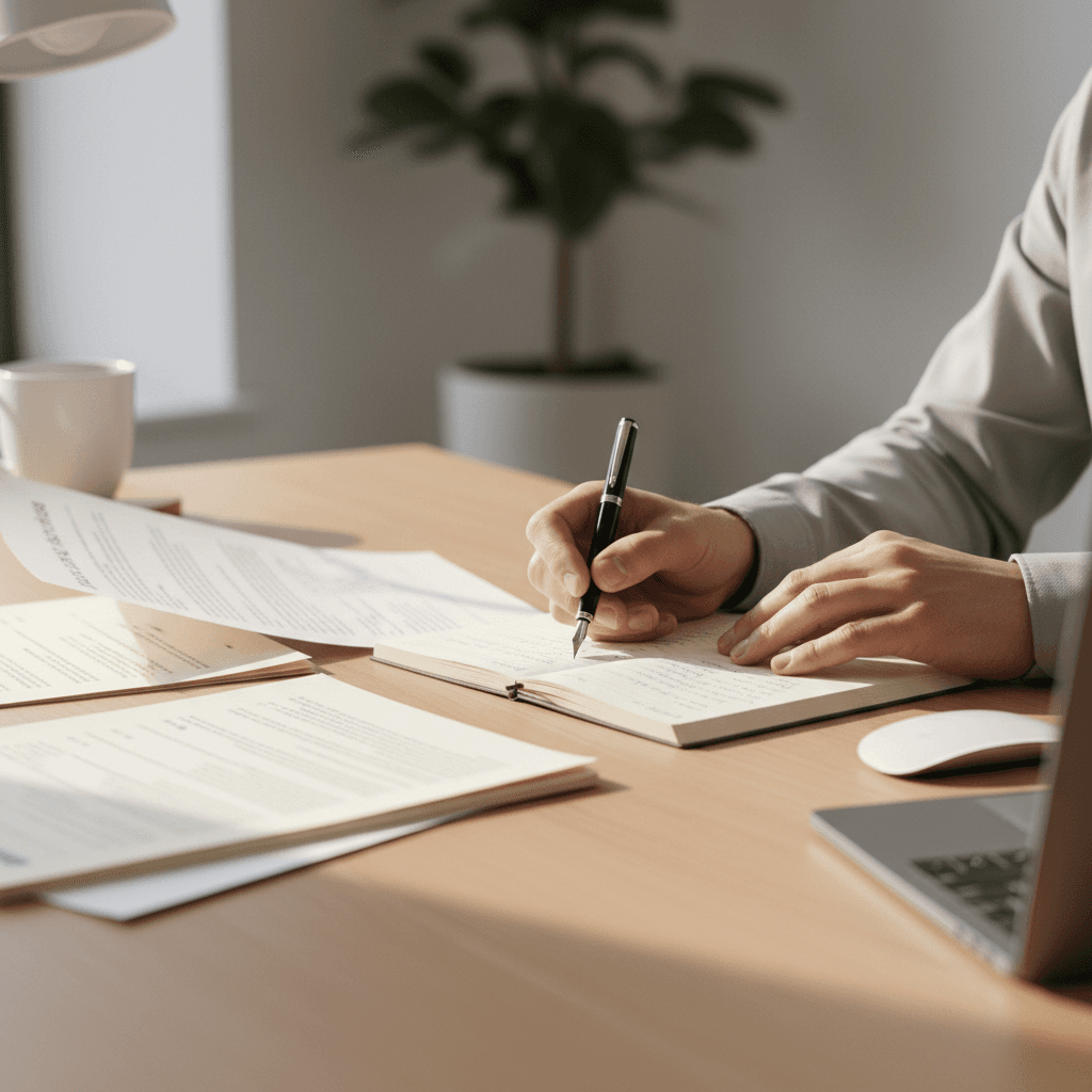 Hand flipping through printed deal sheets with handwritten notes